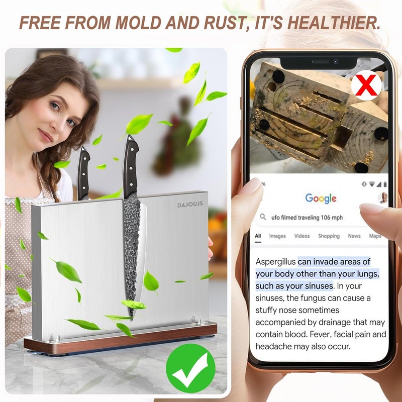 DAJOUJS Magnetic Knife Holder, Stainless Steel Magnetic Knife Block without Knives, Strong Double Sided Magnet Knife Storage Strip with Wood Base for Kitchen Counter-Silver - Image 4